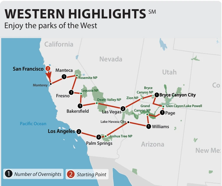 Western Highlights USA Tour route map